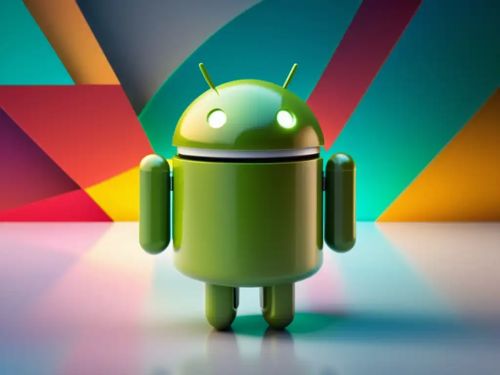 El icónico logo de Android en un entorno futurista, con colores vibrantes y diseño moderno, reflejando el éxito de Android en software abierto