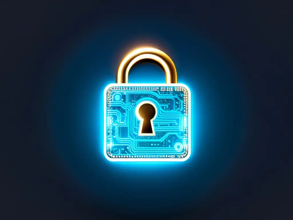 Icono de cerradura digital segura: circuito brillante Icono de candado seguro con circuitos digitales, resplandeciendo en azul sobre fondo oscuro