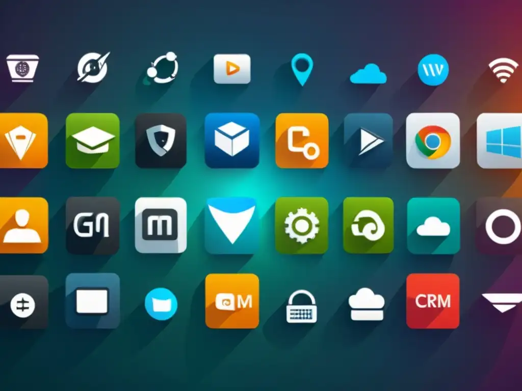 Iconos de aplicaciones integrándose en un diseño moderno, mostrando las características esenciales de CRM código abierto