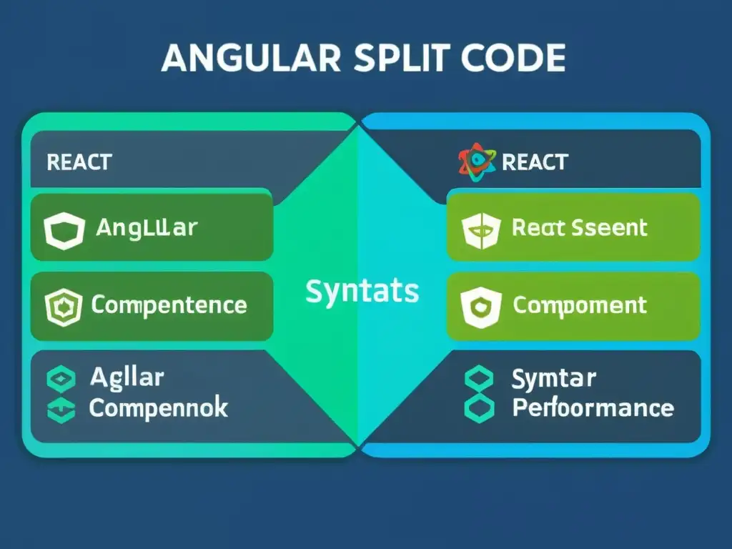 Una ilustración detallada que muestra código de Angular y React lado a lado, resaltando diferencias y beneficios