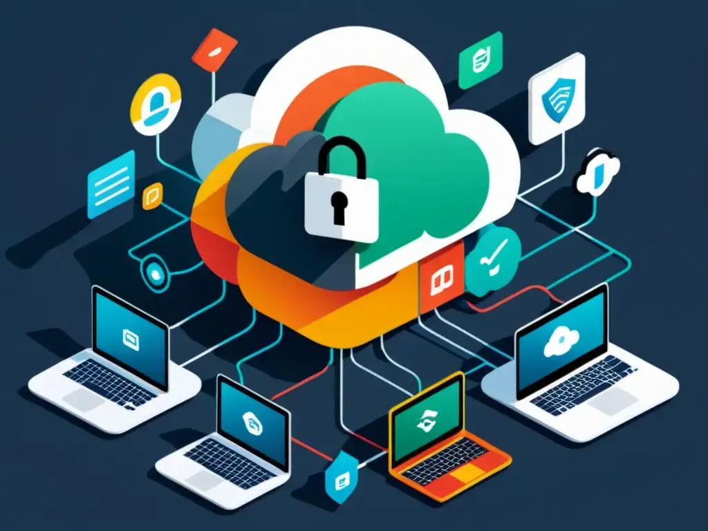 Una ilustración detallada de una infraestructura de nube moderna con capas de características de seguridad como firewalls, encriptación, autenticación multifactor y herramientas de monitoreo