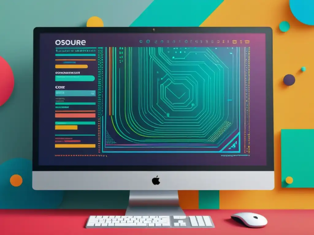 Una ilustración detallada de un monitor de ordenador moderno y elegante que muestra líneas de código abierto, con colores vibrantes y detalles intrincados que muestran la complejidad y sofisticación del desarrollo de software de código abierto