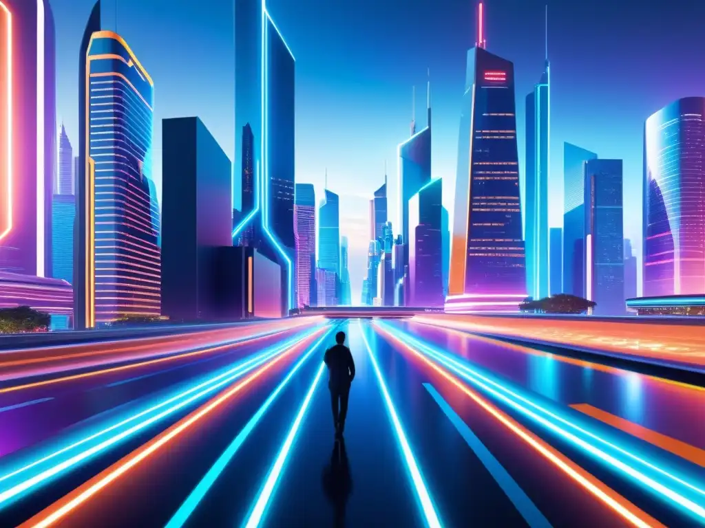 Una ilustración digital detallada de una ciudad futurista con rascacielos, tecnología AI y auditores de código en IA colaborando