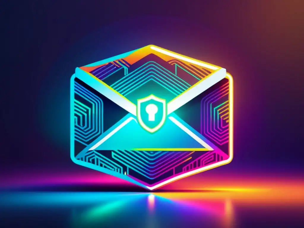 Una ilustración moderna de un sobre de correo electrónico seguro con patrones geométricos, símbolos de cifrado brillantes y un diseño futurista