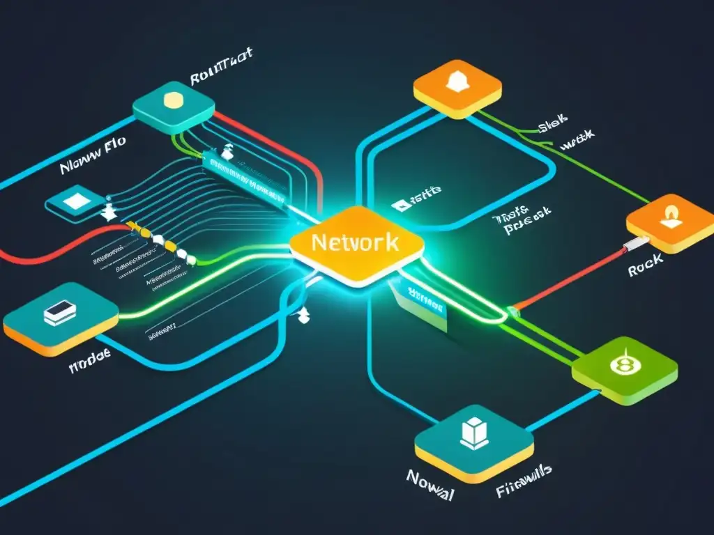 Una ilustración moderna y detallada de un diagrama de flujo de tráfico de red, con nodos interconectados y datos fluyendo entre ellos