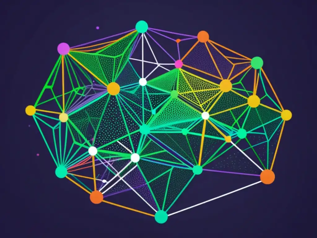 Una ilustración moderna de un entramado de nodos interconectados y líneas dinámicas, con colores vibrantes y energía en movimiento