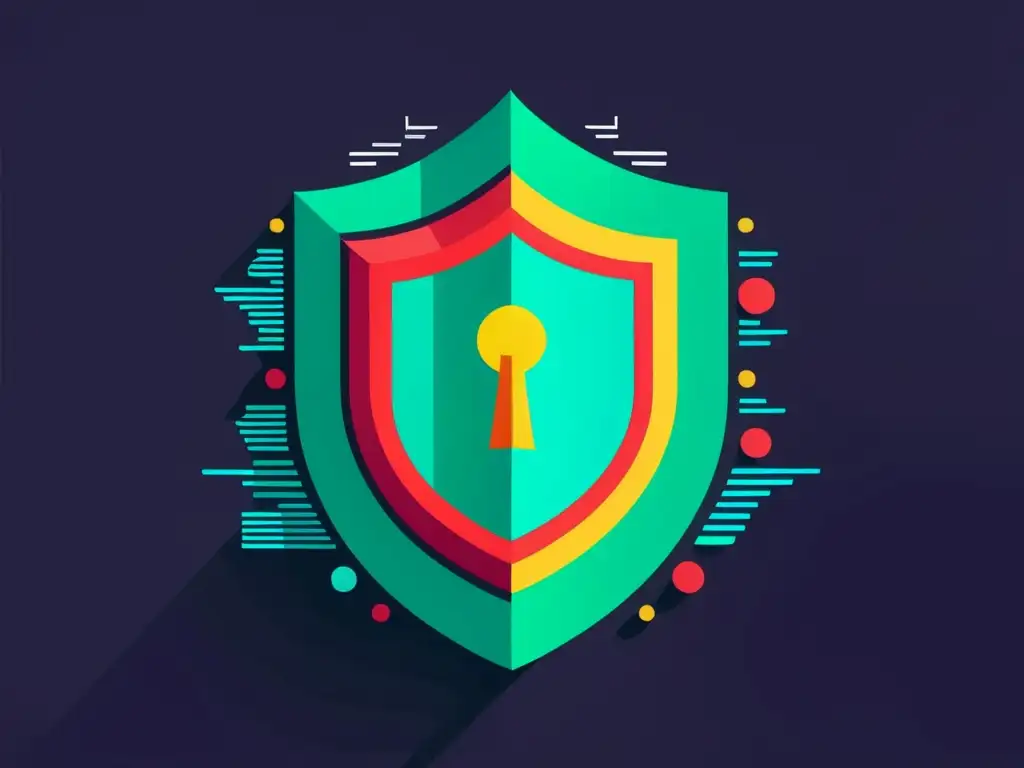 Una ilustración moderna de un firewall de seguridad de red, con colores vibrantes y detalles intrincados, evocando tecnología de vanguardia y seguridad robusta