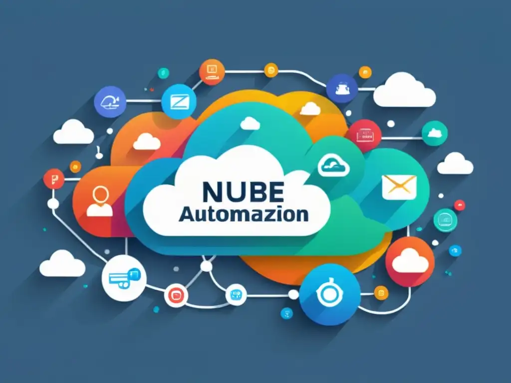 Una ilustración moderna de una nube con iconos de marketing y elementos de automatización, representando la automatización de marketing en la nube