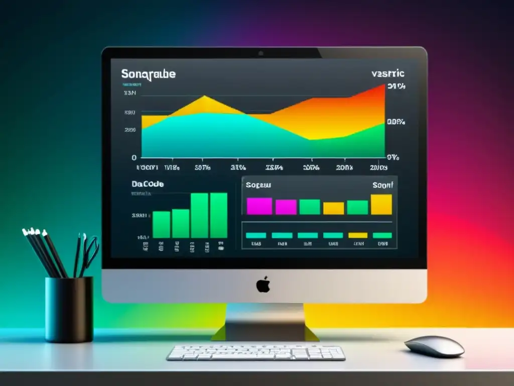 Una ilustración moderna de una pantalla de ordenador muestra visualizaciones coloridas y métricas de datos, representando el proceso de análisis estático de código abierto en SonarQube