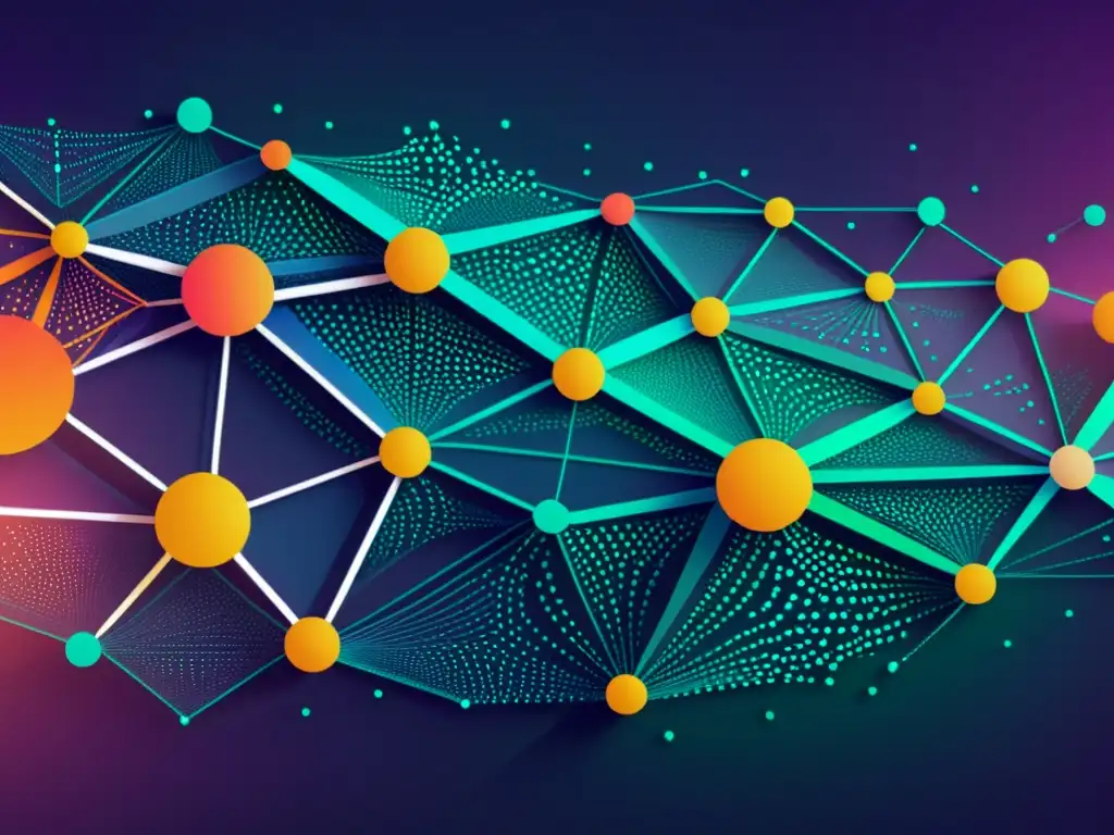 Una ilustración moderna de una red compleja de nodos interconectados y flujos de datos, con patrones geométricos intrincados y colores vibrantes