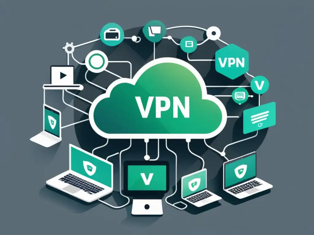 Una ilustración moderna de una red de dispositivos interconectados, con datos fluyendo de forma segura a través de un túnel VPN transparente