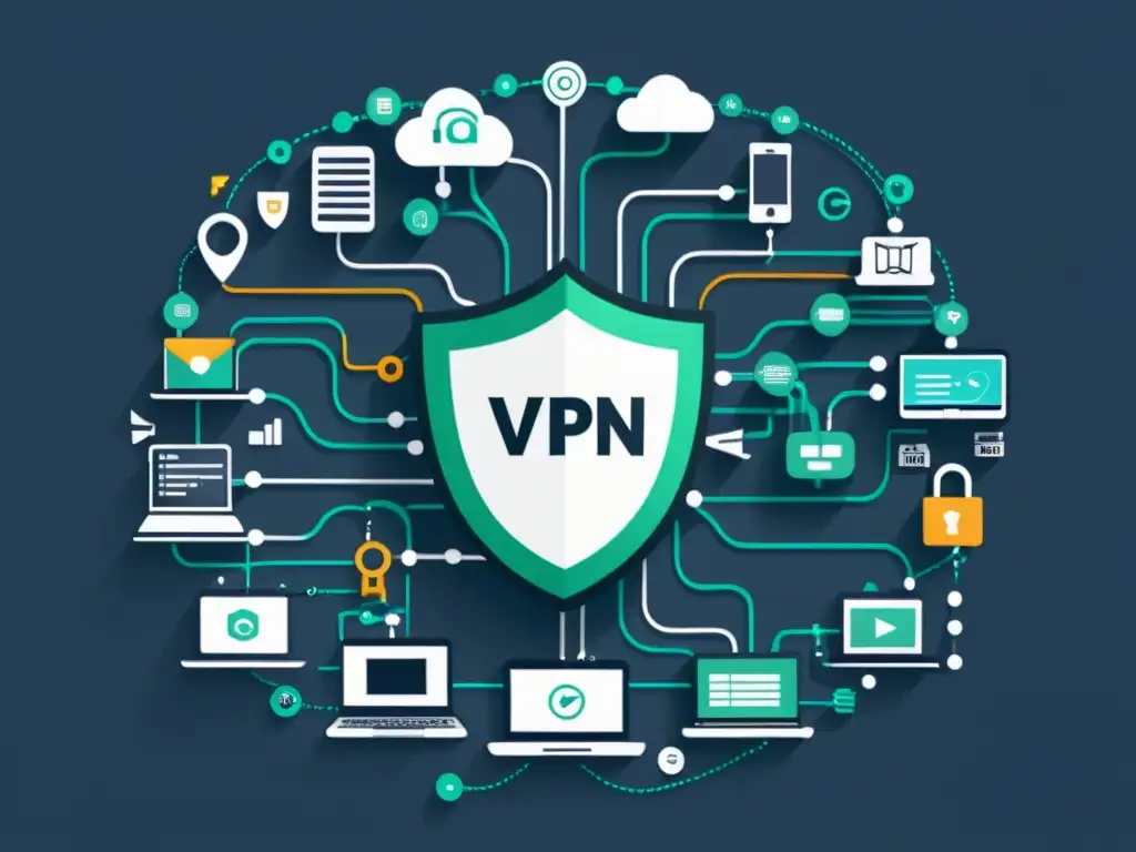 Una ilustración moderna de una red de dispositivos interconectados con configuración avanzada y seguridad para configurar VPN con software open source