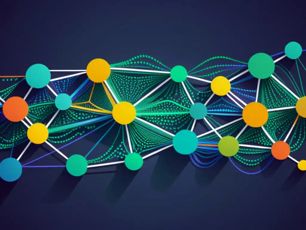 Una ilustración moderna de una red interconectada de nodos y flujos de datos, con vibrantes colores y detalles intrincados que representan la eficiente fluidez de información en un sistema de API RESTful