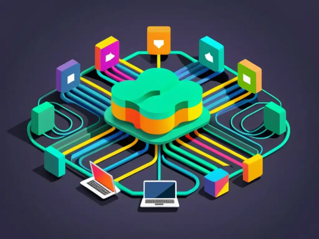 Una ilustración moderna de una red de servidores interconectados y dispositivos, con datos de registro coloridos fluyendo entre ellos, representando la eficiente gestión y agregación de logs habilitada por Fluentd en un entorno DevOps