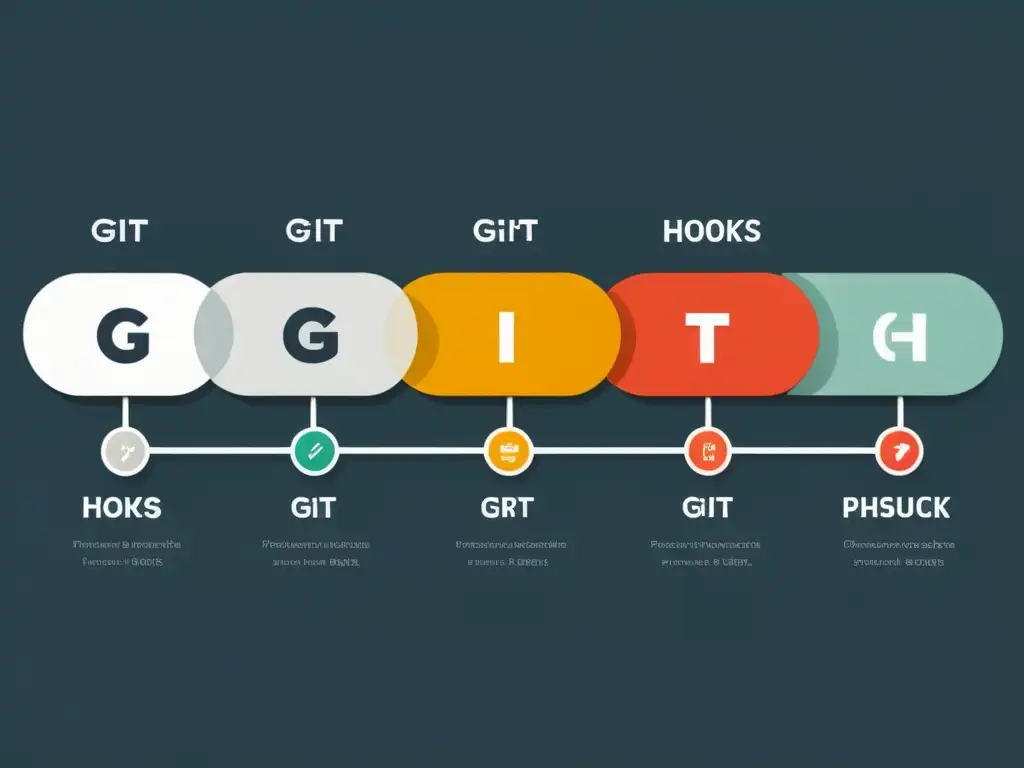 Una ilustración moderna de distintos tipos de Git hooks en acción, mostrando precommit, postcommit, prepush y postmerge con código detallado