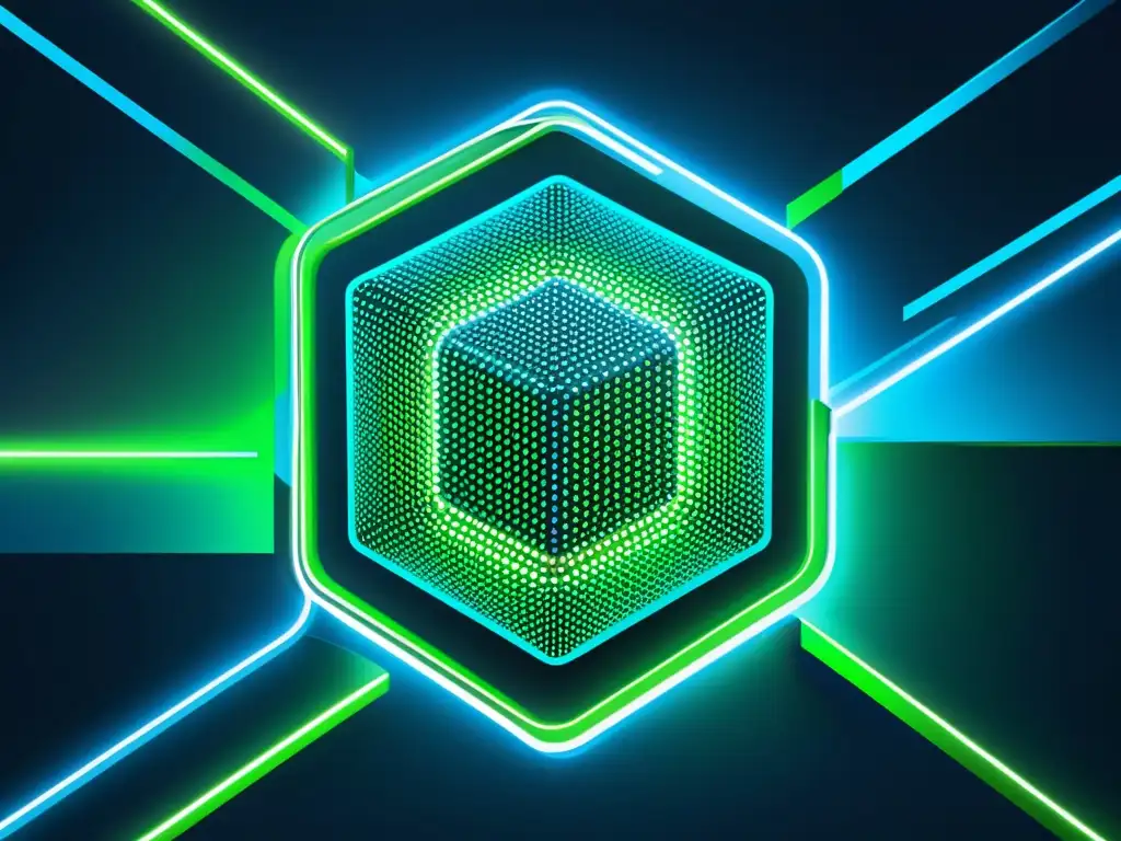 Imagen abstracta futurista de líneas y formas digitales entrelazadas en tonos azules y verdes, evocando la seguridad de una red intrincada