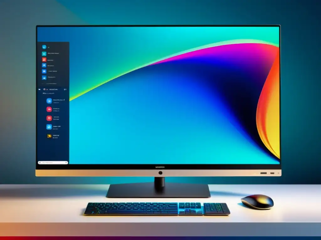 Una imagen de alta definición de un elegante y moderno ordenador de escritorio con una vibrante interfaz de aplicación multiplataforma Electron
