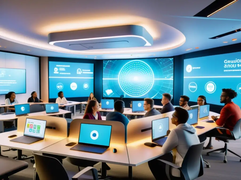 Aula Futurista: Colaboración IoT en la Educación Imagen de aprendizaje interactivo IoT en un aula futurista con tecnología de vanguardia y recursos de código abierto