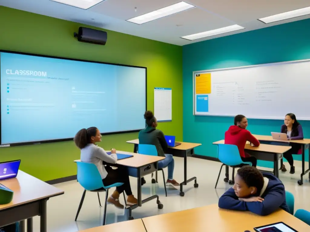 Imagen de aula moderna con estudiantes participando en aprendizaje colaborativo, integrando tecnología y plataformas educativas código abierto 2023