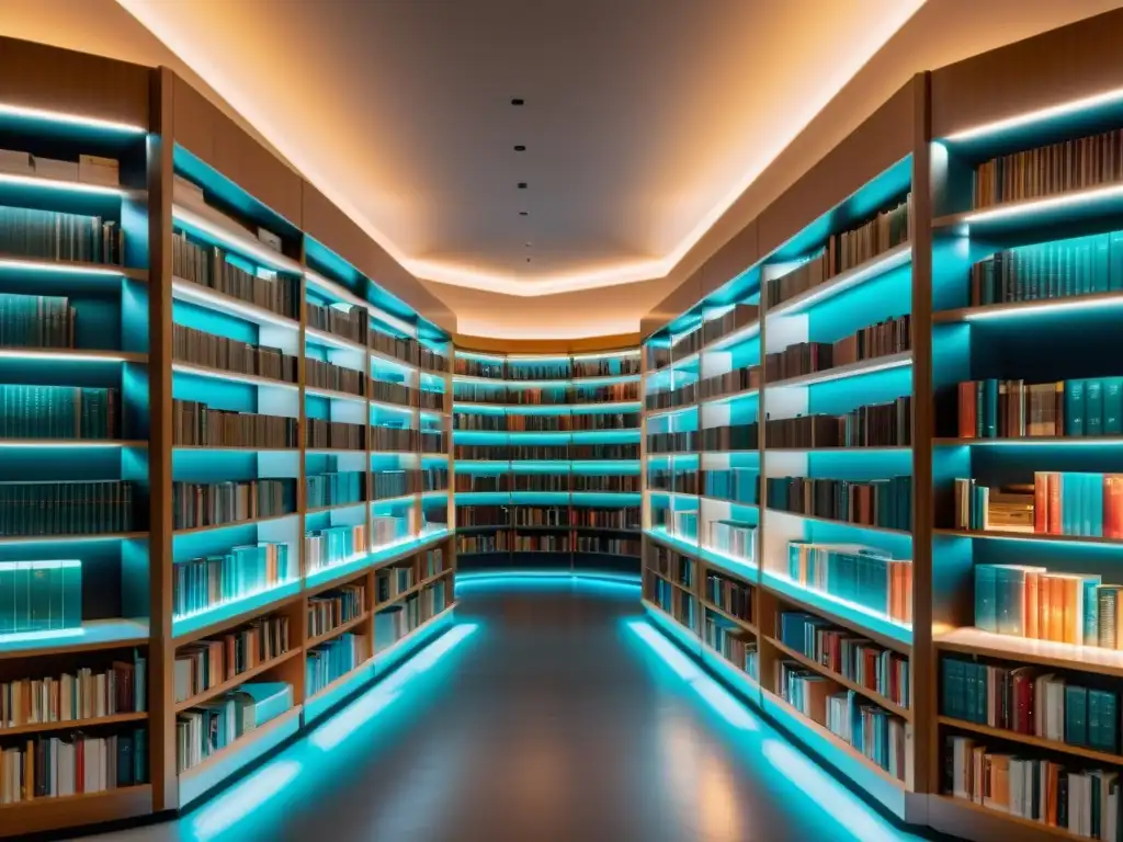 Imagen de una biblioteca moderna con libros de Procesamiento del lenguaje natural en código abierto, tecnología futurista y ambiente acogedor hightech