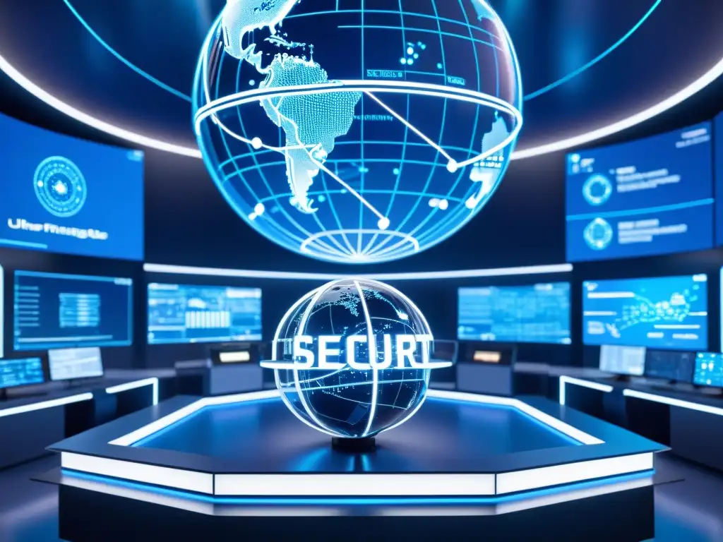 Centro de Ciberseguridad Futurista: Profesionales en Acción Imagen de un centro de ciberseguridad futurista con estaciones de seguridad de vidrio, globos terráqueos y profesionales