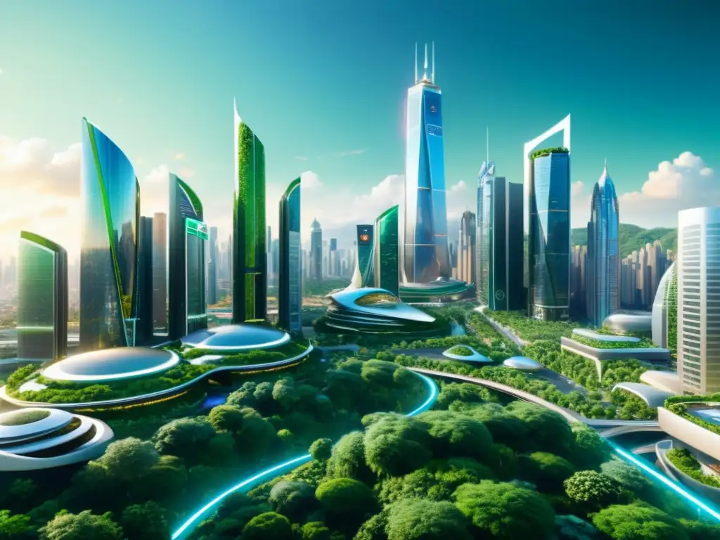 Imagen 8k de una ciudad futurista con rascacielos y naturaleza