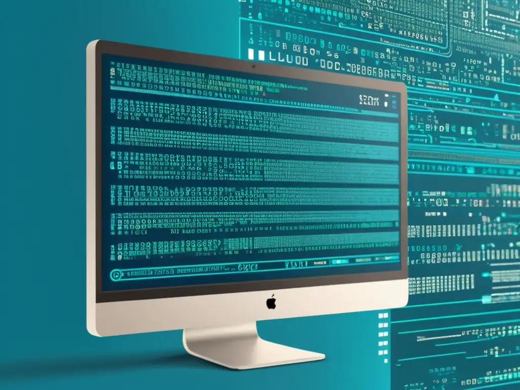 Imagen de un código complejo y seguro en pantalla, rodeado de símbolos de seguridad