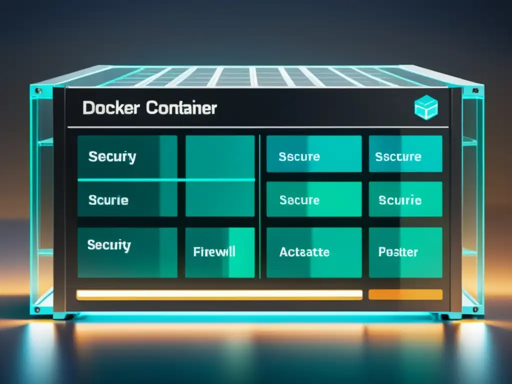 Contenedor Docker seguro: capas de protección y transparencia Imagen de contenedor Docker seguro y moderno, con múltiples capas de protección