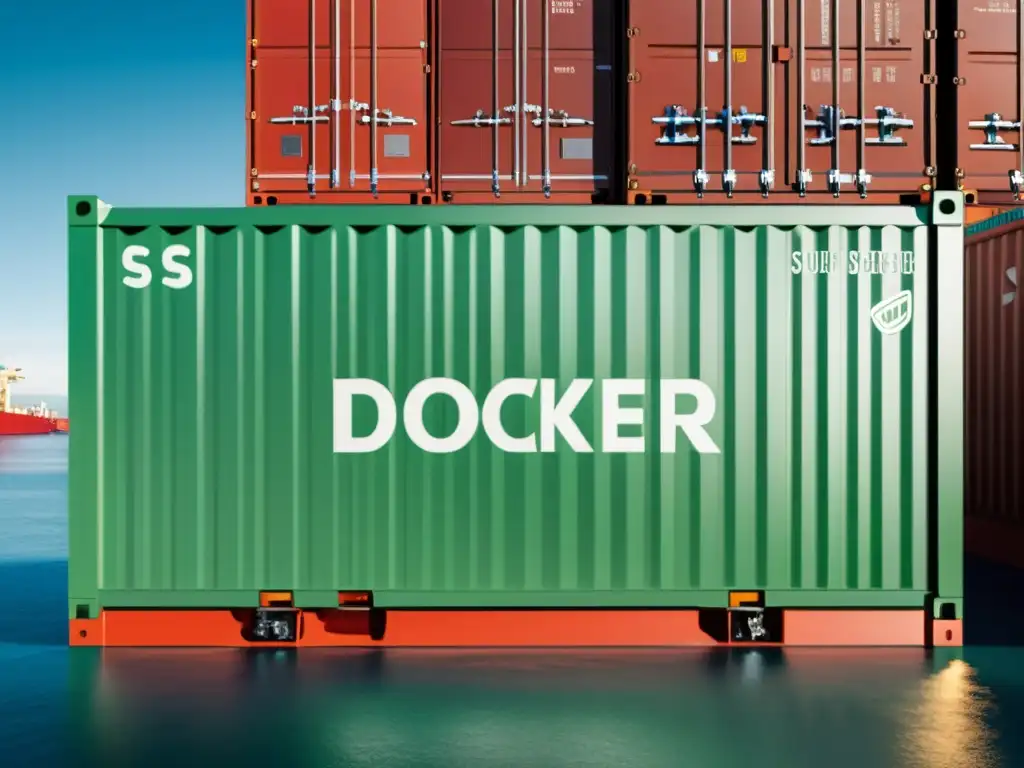 Entorno Docker seguro y moderno con visualización de datos Imagen de contenedores Docker seguros con diseño futurista y mejores prácticas seguridad contenedores Docker integradas