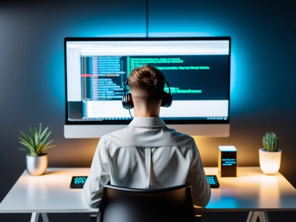 Imagen de un desarrollador web trabajando en código en un editor avanzado, con un ambiente cálido y profesional
