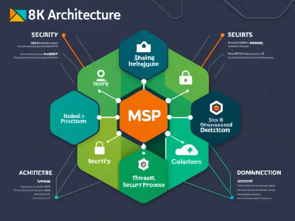 Imagen detallada en 8k de la arquitectura MISP, resaltando la modernidad y eficacia en la mejora de inteligencia amenazas MISP