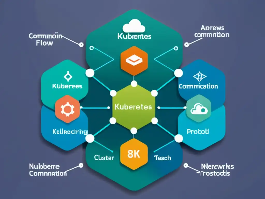 Imagen detallada en 8k de un clúster Kubernetes con contenedores interconectados, ilustrando protocolos de red y comunicación