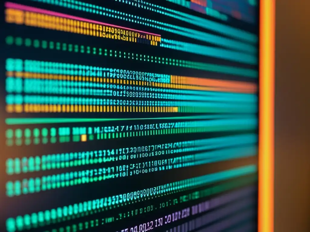 Una imagen detallada de un código abierto escaneado y analizado por un software de seguridad, con patrones de líneas y visualizaciones de datos, transmitiendo la integración continua y la seguridad en el entorno de código abierto
