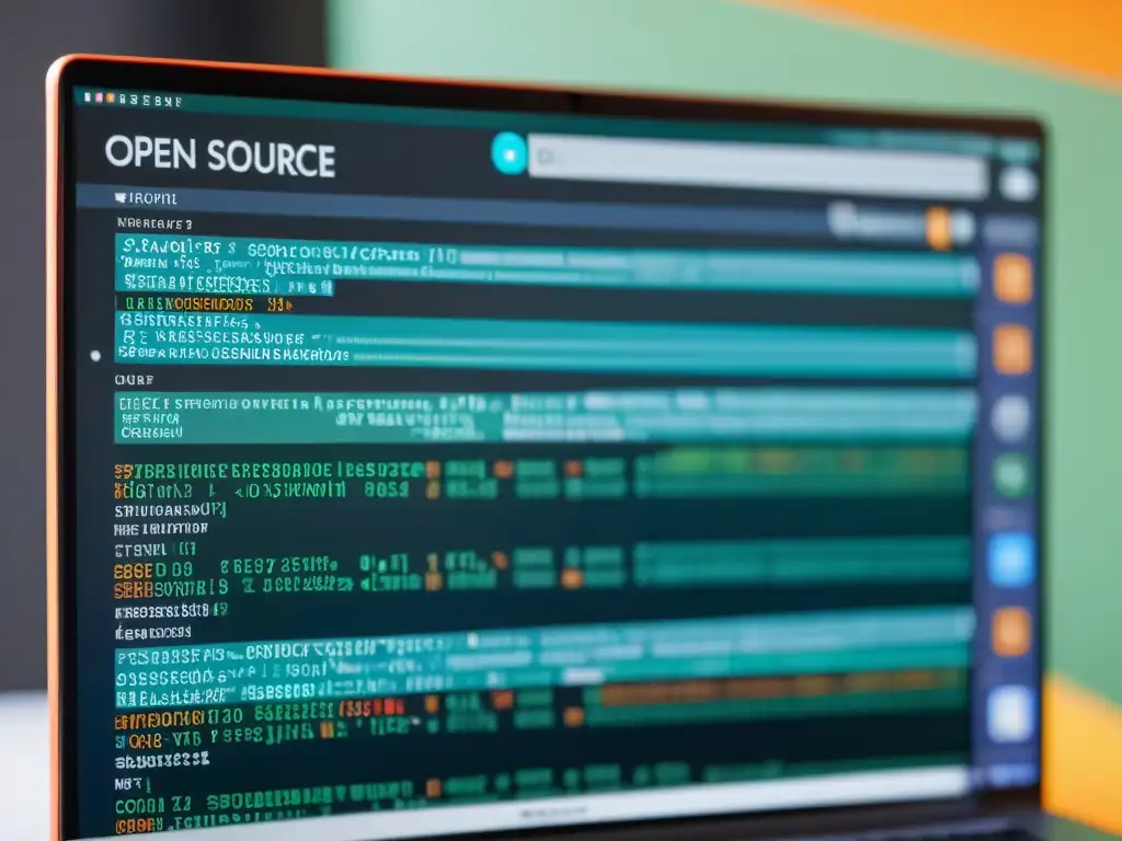 Código abierto: Detalles impactantes y diversidad Una imagen detallada muestra un código en pantalla rodeado de íconos de proyectos de software de código abierto