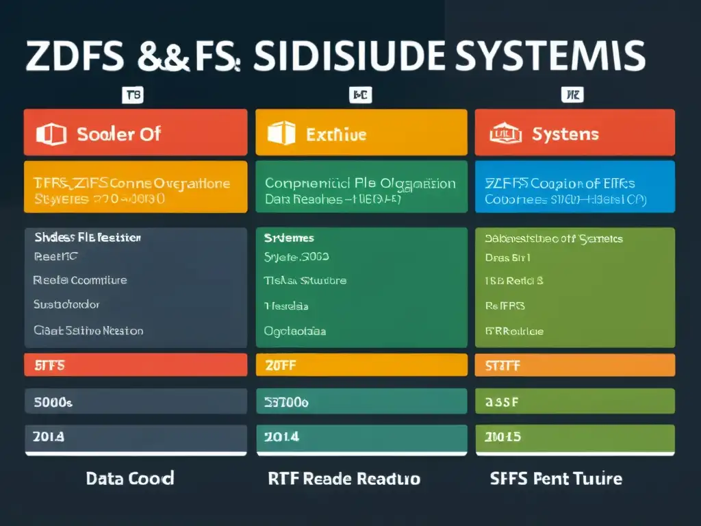 Una imagen detallada muestra la comparación de sistemas de archivos de código abierto ZFS, EXT4 y Btrfs en Unix, con una estética moderna y educativa