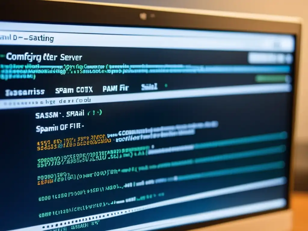 Una imagen detallada de la configuración de Postfix y SpamAssassin para una empresa, con líneas de código nítidas en la pantalla del monitor