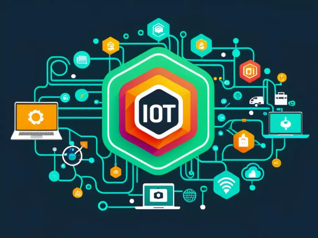 Una imagen 8k detallada de un entorno IoT moderno con dispositivos interconectados y protegidos por firewalls de código abierto