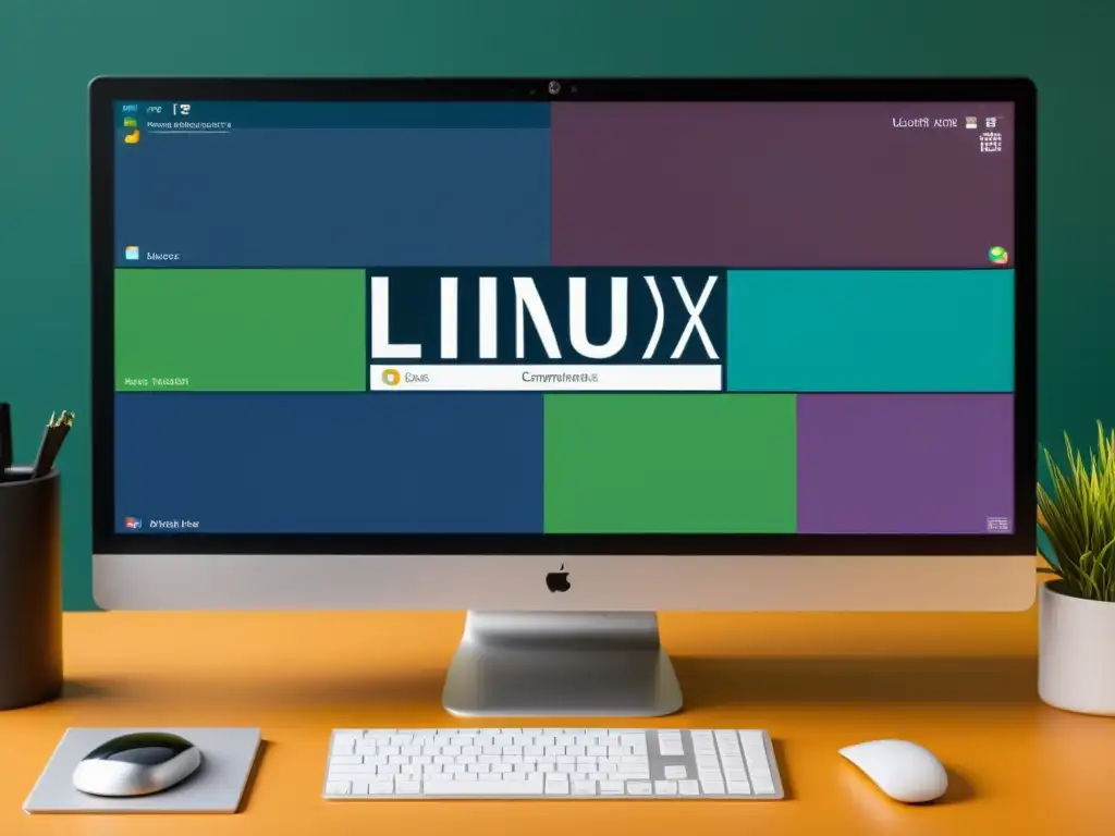 Imagen detallada de un escritorio Linux personalizado con código abierto y elementos educativos