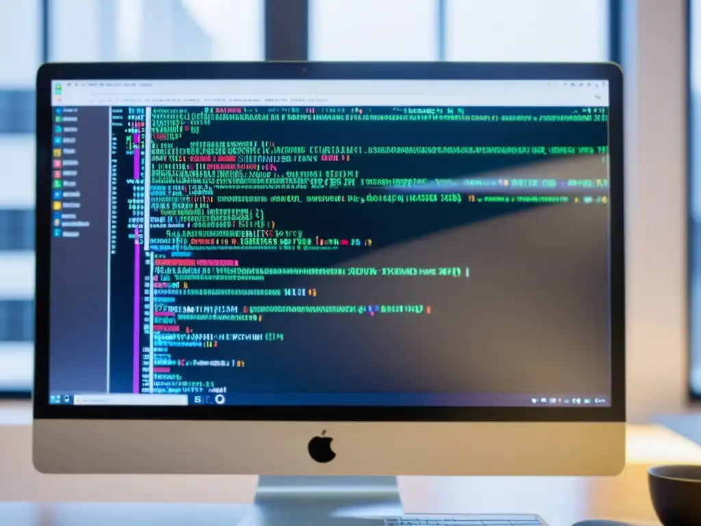 Una imagen detallada de un escritorio moderno con código de software abierto y documentos legales en la pantalla