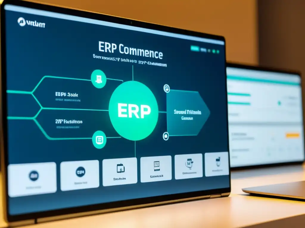 Una imagen 8k detallada de integraciones de ecommerce con ERP, mostrando una interfaz minimalista y conexión de datos brillante