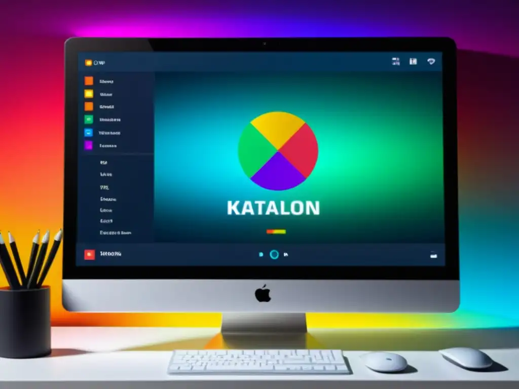 Una imagen detallada de la interfaz de Katalon Studio, con colores vibrantes y modernos, mostrando funciones de testing de interfaces de usuario