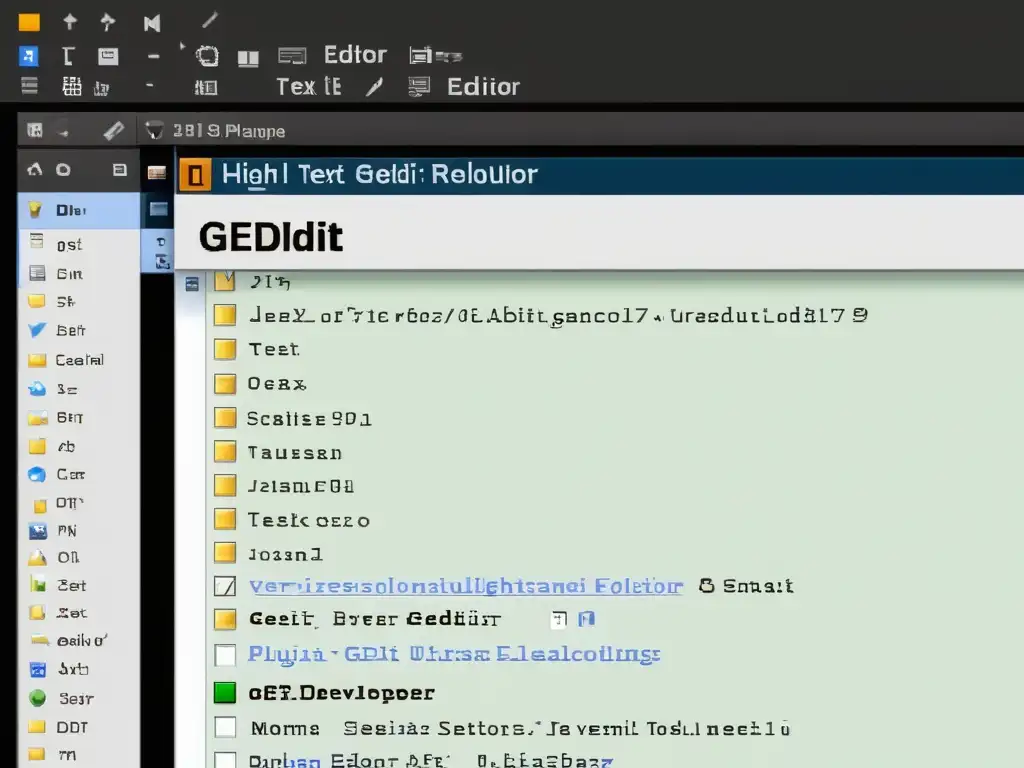 Imagen detallada de la interfaz del editor de texto Gedit, destacando sus ajustes y herramientas para desarrolladores