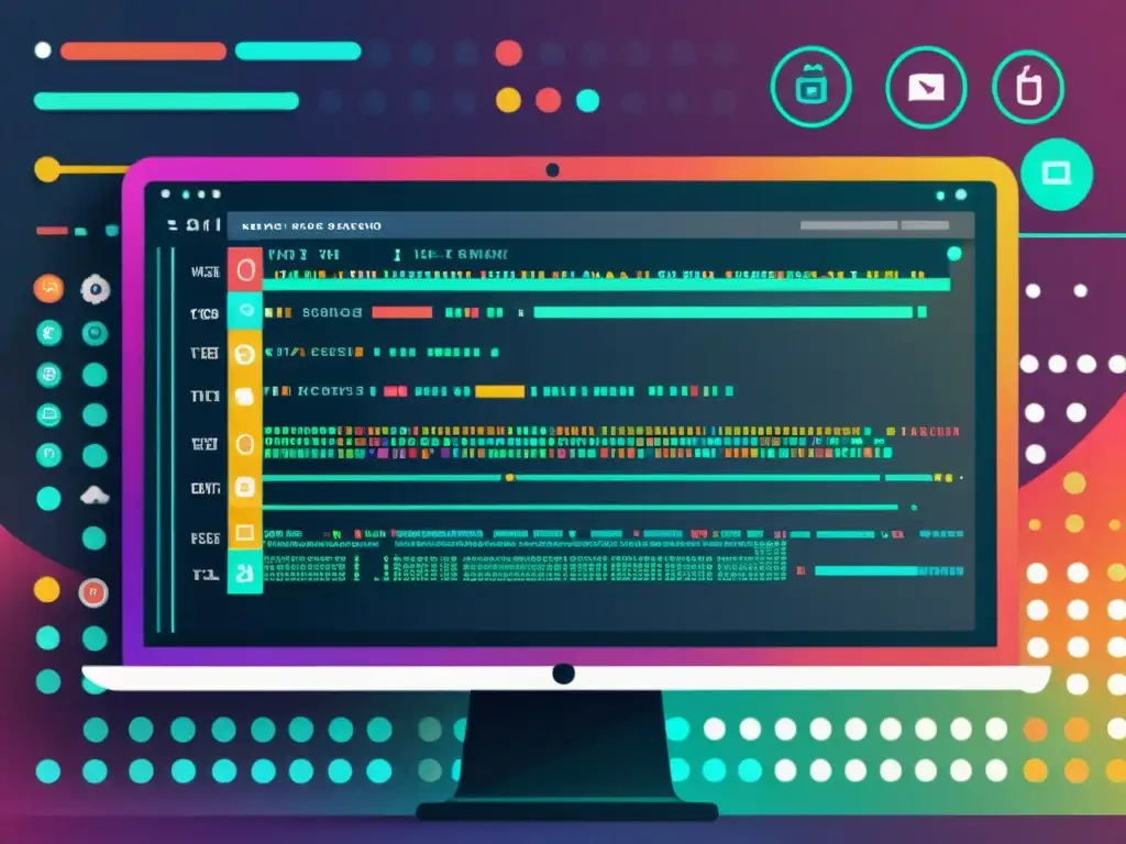 Una imagen detallada muestra líneas de código con colores vibrantes y detalles intrincados, rodeadas de íconos y gráficos SEO