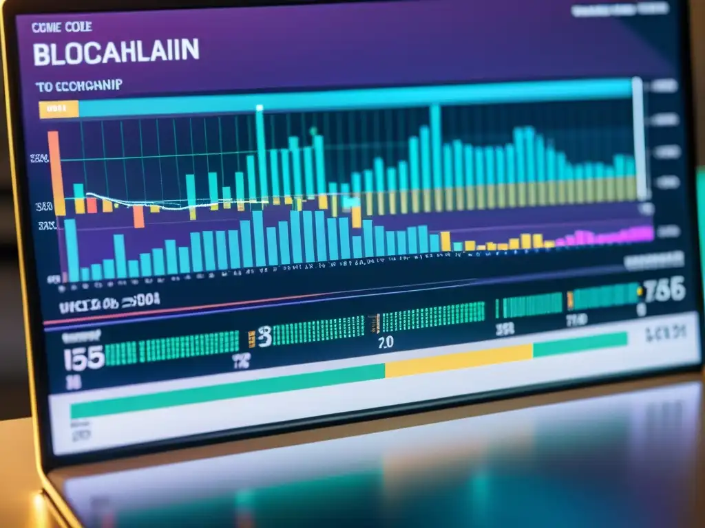 Una imagen detallada muestra líneas de código sobre tecnología blockchain, con gráficos coloridos de oportunidades de inversión