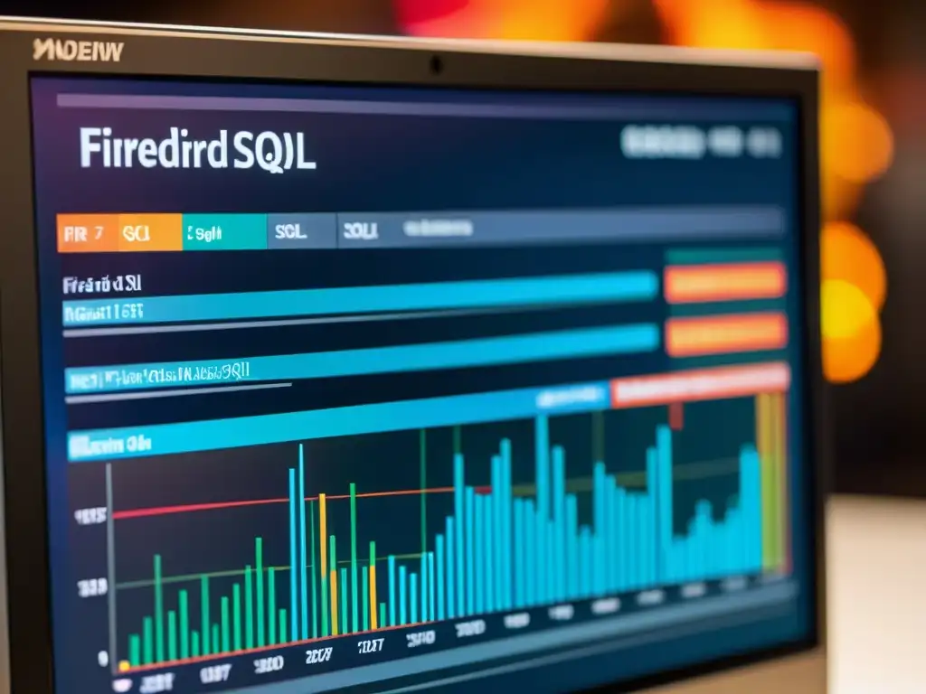 Imagen detallada del monitor con código Firebird SQL, mostrando eficiencia y modernidad