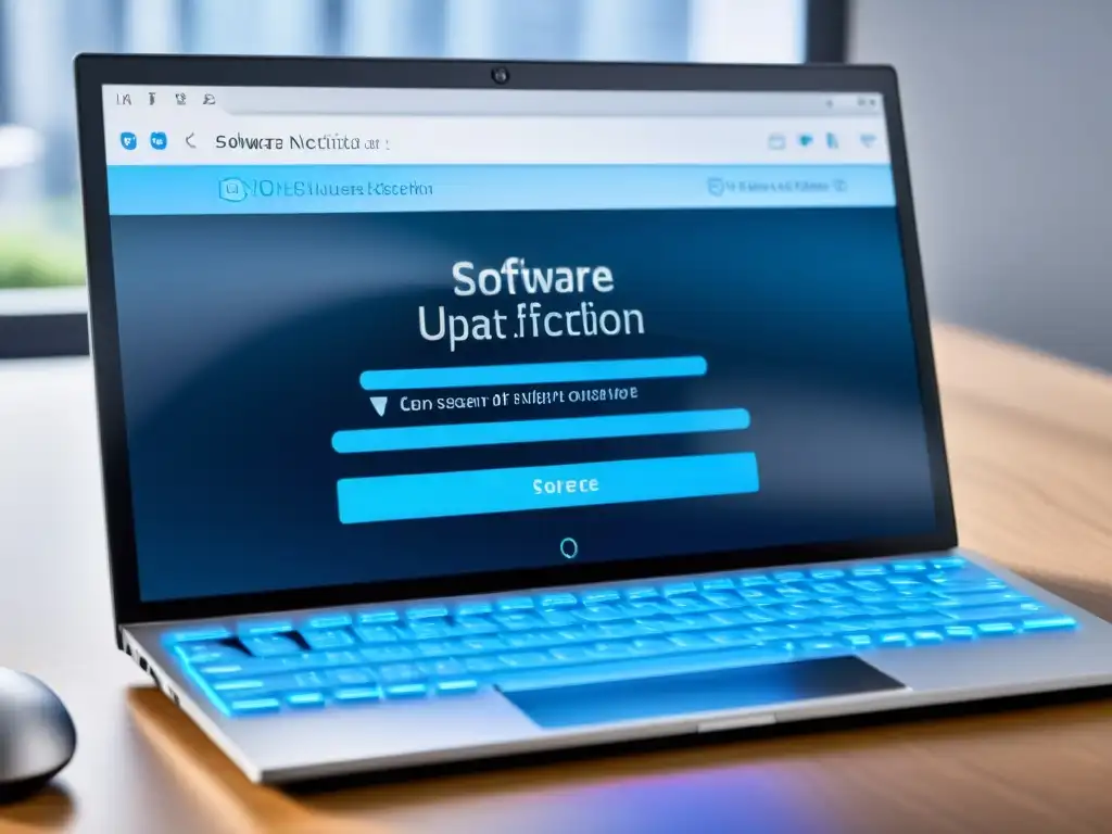 Imagen detallada de una notificación de actualización de software en pantalla de computadora, resaltada con un suave brillo azul