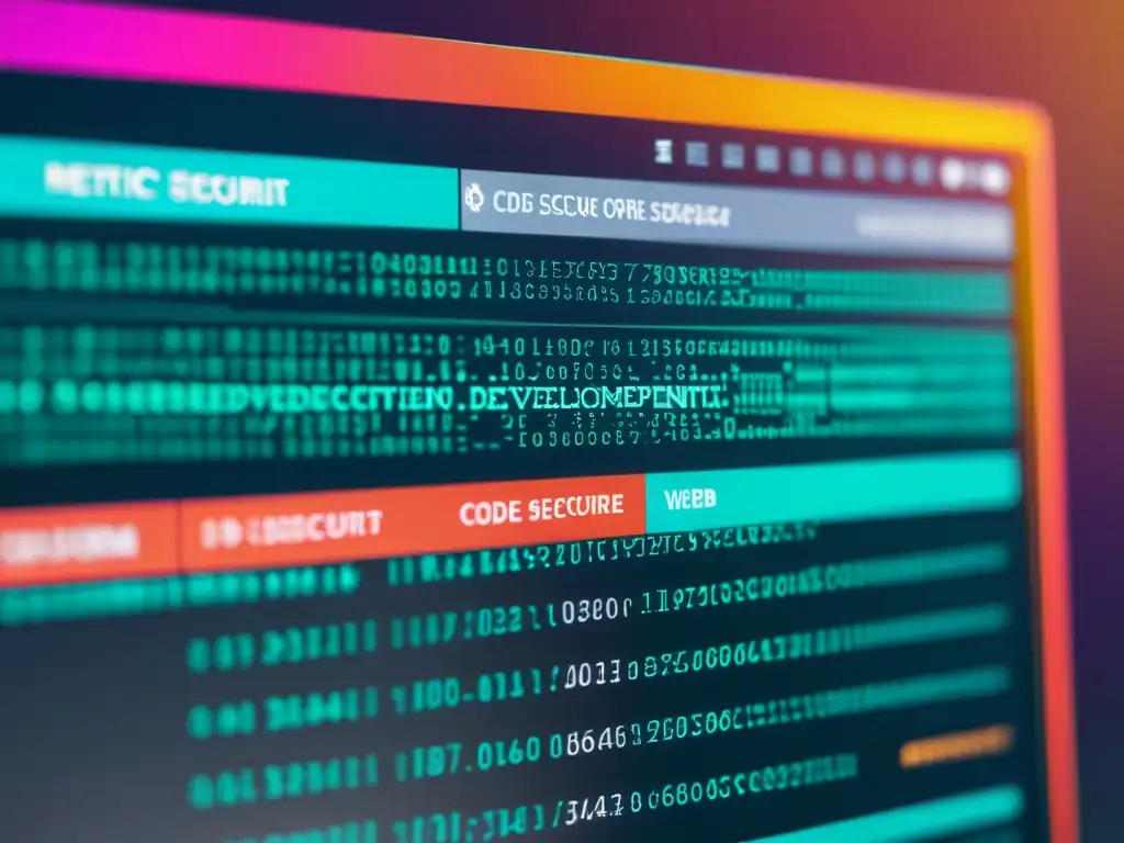 Una imagen detallada de una pantalla de computadora muestra código abierto de seguridad web OWASP, con colores vibrantes y símbolos de ciberseguridad