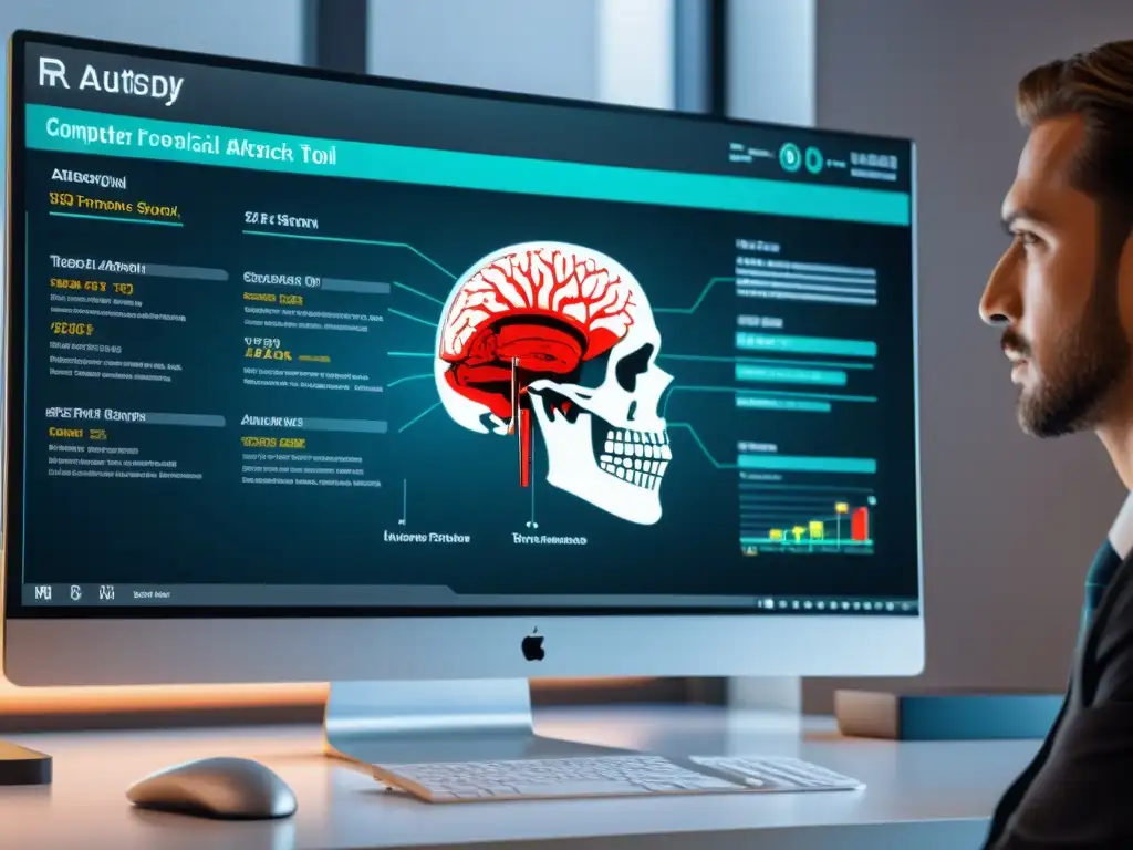 Imagen 8k detallada de pantalla con Examen forense digital Autopsy mostrando reconstrucción de ataque ransomware y visualizaciones de datos