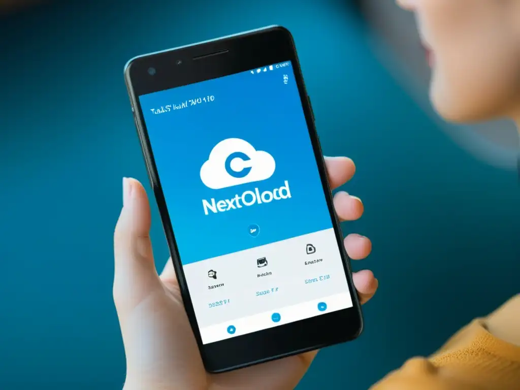 Imagen detallada de pantalla de smartphone con app Nextcloud Talk, icono de seguridad y llamada encriptada