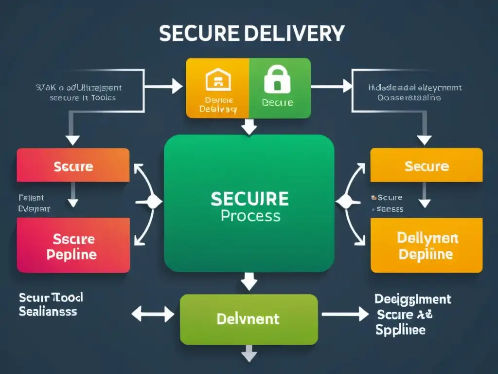 Una imagen detallada en 8k de un proceso de entrega segura, mostrando una interfaz de herramienta moderna de código abierto con integración de código, pruebas automatizadas y despliegue seguro
